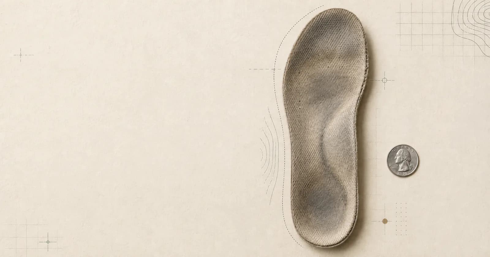 Illustration of a worn removable insole beside a quarter, representing a future photo research method